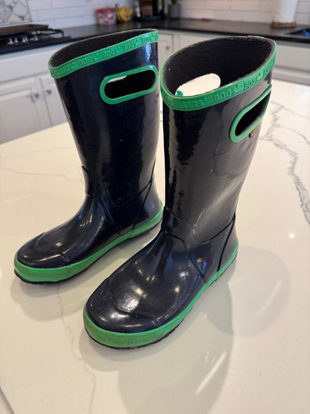 Bogs Kids Black Rain Boots with Green Trim